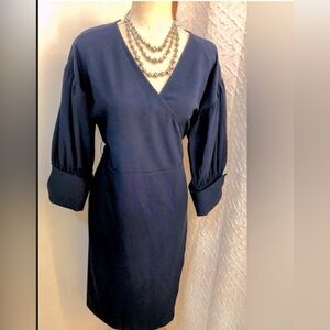 Elegant Navy Blue Long Sleeve Wrap Midi Dress, Size Medium